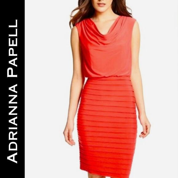 Adrianna Papell Sheath Dress 6 Coral Sleeveless Shutter Pleat Blouson Cowl Neck - Picture 2 of 9